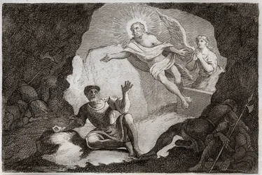 Biblia Royaumonta, Nowy Testament: Zmartwychwstanie. Jezus Chrystus wstaje ze swego grobu pod podziwem rzymskich żołnierzy, którzy zasnęli. Ilustracja z 1811 r. (rycina)