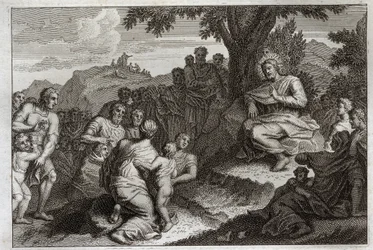 Biblia Royaumont, Nowy Testament: Kazanie na górze. Jezus Chrystus wybiera spośród swoich uczniów dwunastu Apoterów i wygłasza przed nimi i wielkim ludem Kazanie, które zwykle nazywa się Kazaniem na Górze. Ilustracja z 1811 roku.