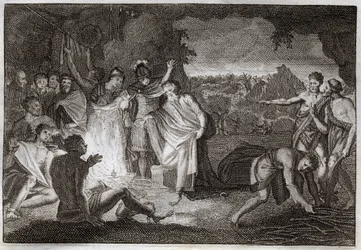 Biblia Royaumont, Nowy Testament: Zatonięcie św. Pawła. Został ugryziony żmiją bez szkody. Ilustracja z 1811 roku.