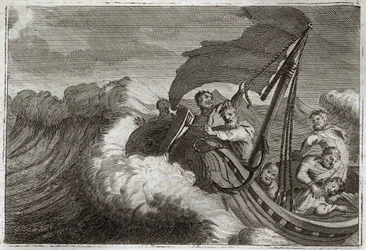 Biblia Royaumont, Nowy Testament: Tempete ugłaskane. Apoterzy dziwią się burzy obudzonej przez Jezusa Chrystusa, który spał na ich statku, a także uspokaja Morze Galilejskie. Ilustracja z 1811 roku.