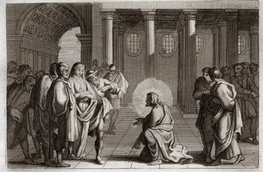 Biblia Royaumont, Nowy Testament: Cudzołożnica. Jezus Chrystus bosko łudzi się z pułapek, które zastawili na niego Żydzi, pytając go, co należy zrobić z kobietą przyłapaną na cudzołóstwie, mówiąc: „Niech ten z was, który jest bez grzechu, rzuci