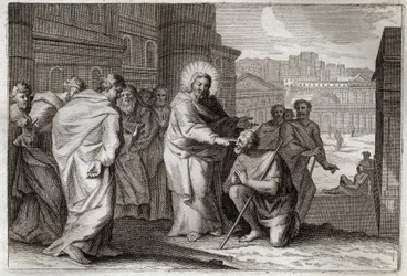 Biblia Royaumont, Nowy Testament: Ślepy nie. Jezus Chrystus w cudowny sposób czyni wojowników Ślepym. Ilustracja z 1811 roku.