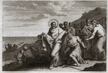 Biblia Royaumont, Nowy Testament: Lepreux i Centenier. Lepreu modli się do Jezusa Chrystusa, aby uzdrowił go z trądu, a Cententer posyła go, aby modlił się o uzdrowienie jego chorego sługi. Ilustracja z 1811 roku.