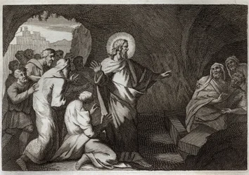Biblia Royaumont, Nowy Testament: Zmartwychwstanie Łazarza przez Jezusa Chrystusa. Ilustracja z 1811 roku.