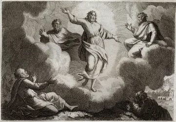 Biblia Royaumont, Nowy Testament: Przemienienie Jezusa Chrystusa. Chrystus otacza Mojżesza i Eliasza, a poniżej apostoła św. Jana, Piotra i Jakuba. Ilustracja z 1811 roku.