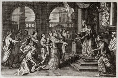 Biblia Royaumont, Stary Testament: Estera stanie przed królem Kserksesem I (Aswerusem I), z zamiarem uratowania swego ludu od grożącej mu śmierci. Ilustracja z 1811 roku.