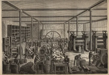 Guma: fabryka gumy. Grawer z 1885 roku w „Les arts et metiers illustres” Adolphe BITARD.