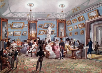 Społeczeństwo rosyjskie: targi towarzyskie w Petersburgu. Litografia około 1830 r. Sankt Petersburg, Biblioteka Ermitażu