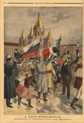 Rosyjscy ochotnicy w Sankt Petersburgu na francuską wyprawę z Madagaskaru. Grawer w „”Le petit journal”” 28.04.1895. Kolekcja Selvy.