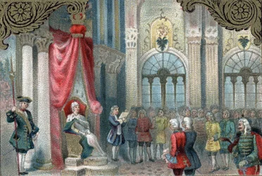Polityka modernizacyjna Rosji: Katarzyna II (1729-1796) ogłasza reorganizację Imperium Rosyjskiego. W 1785 nadał znacznie więcej uprawnień i praw szlachcie cesarskiej. Późna chromolitografia XIX wieku.