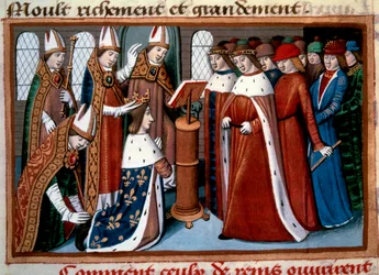 Namaszczenie króla Karola VII (1422-1461) przez arcybiskupa Reims dnia 17/07/1429. Miniatura zaczerpnięta z „Wigilii króla Karola VII” Martiala d