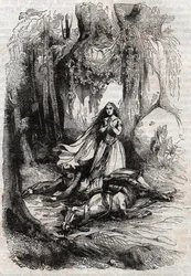 Sacripant (Sacripante) desarconne w obecności Angeliki (Angelica) - rycina z 1851 r. z „Roland furieux” (Orlando furioso) (XVI w.) Ludovico Ariosto, zwanego Ariosta – wydanie przetłumaczone z języka włoskiego przez hrabiego Tressan i p