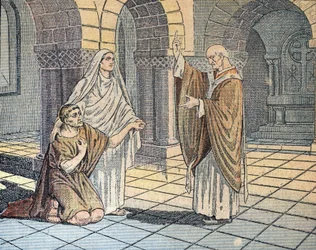Święty Augustyn z Hippony (354-430) i jego matka Sainte Monique przed świętym Ambrożym (340-397) w Mediolanie, 387 r. (Święty Augustyn z Hippony z matką Moniką przed świętym Ambrożym z Mediolanu, 387 r.) Ilustracja z "Le pelerin" 1933, kolekcja prywatna