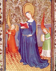 Św. Cecile w otoczeniu dwóch aniołów. Miniatura zaczerpnięta z „Godzin Edwarda I (Duarte) Portugalii (1391-1438)” XV-wieczna Lizbona, Torre do Tombo