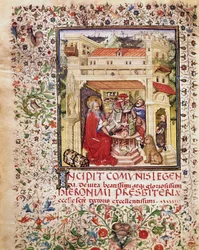 Święty Hieronim w swoim studium Strona zaczerpnięta z rękopisu „Opuscola spirituala et moralia” z XV-wiecznego Rzymu, Biblioteca Vallicelliana