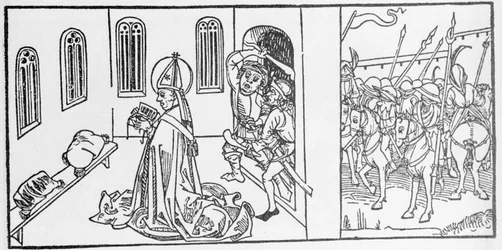 Św. Lambert. Grawer z „Żywotów świętych - część letnia” (Księga świętego) Jakuba (Jakuba) z Voragine (1228-1298). Lubeka 1488.