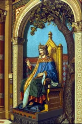 Święty Ludwik lub Ludwik IX (1214 - 1270) wymierza sprawiedliwość. Chromolitografia.