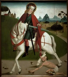 Święty Marcin i żebrak. Przeciął swój płaszcz, aby dać go żebrakowi. Anonimowy obraz, około 1490 roku. Magyar Nemzeti Galéria, Budapeszt, Węgry.
