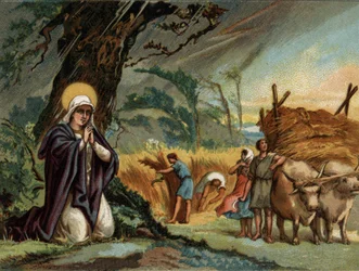 Sainte Genevieve (422-502), patronka Paryża, przechowuje zbiory burzy w meaux. Chromolitografia około 1890 r.