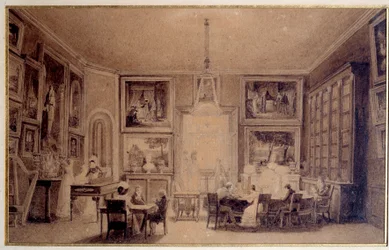 Salon królowej Holandii Hortense de Beauharnais (1783-1837) w Augsburgu. Rycina XIX-wiecznego Paryża. Biblioteka Thiersa
