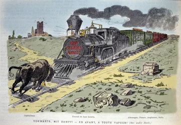 Satyryczna winieta alegoryczna: byk symbol kapitalizmu próbuje zatrzymać pociąg reformy pracy. Każdy wagon przeznaczony jest dla kraju: Niemcy, Francja, Anglia, Włochy 1897