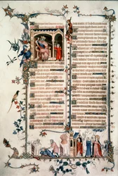 Saul grozi Dawidowi, Kain zabija Abla, Alegorie Eucharystii i Miłosierdzia. Brewiarz z Belleville. 1323-1326. Pani Lat. 10483 fol.24v. - Jean pokojówka. Brewiarz Belleville
