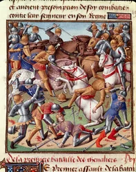 Miniatura sceny bitewnej w „Le Miroir historyl”” (Speculum Historiale) (ms. 1196 fol. 408 r.) Vincenta de Beauvais (1190-1264) w przekładzie na francuski Jean de Vignay