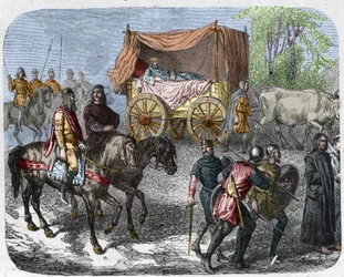 Scena ukazująca leniwych królów: Króla Francji Thierry III (673-691) niesie w czołgu z łożem ciągniętym przez woły.