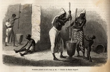 Scena życia codziennego: kobiety tłuczące proso w Sekou (Niger), otoczone dziećmi. Grawer ilustrujący wyprawę do Sudanu Zachodniego porucznika (marynarki) M.Mage, w latach 1863-1866, opublikowany w „Le tour du monde, nouveau journal des voyages”, pod reż.