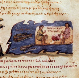 Scena nocnego połowu Miniatura z polowania „Cynegetyka” Oppiana (Oppiana lub Oppianusa) z Syrii (III w. po JC) poświęcona Karakalli - XI w. - Wenecja, Biblioteca Marciana