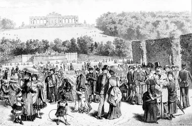 Schonbrunn Park, zespół pałacowo-ogrodowy położony niedaleko Wiednia, od XVIII wieku był letnią rezydencją rodu Habsburgów. Litografia XIX wieku.