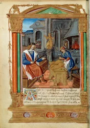 Rzeźba: mistrz kontroluje pracę swojego ucznia, rzeźbi orła. Miniatura z „”Roman de Theseus de Cologne et de Godifer”” XVI-wieczny Paryż, B.N.