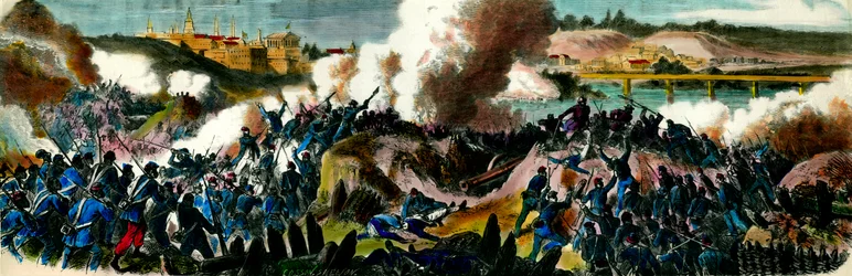 Wojna secesyjna: Jankesi zdobyli Richmond (Wirginia), stolicę Konfederacji Południowej w 1865. Grawerowanie XIX-wiecznej kolekcji prywatnej