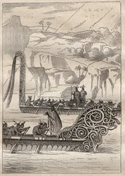 Drugi rejs (1772-1775) kapitana Jamesa Cooka (1728-1779): kajaki wojenne Neo-Zelandans (Neo Zelandaises) - ilustracja zaczerpnięta z „Wielkich marynarzy XVIII wieku””