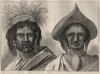 Drugi rejs (1772-1775) kapitana Jamesa Cooka (1728-1779): mężczyzna i kobieta z Wyspy Wielkanocnej - ilustracja z „Wielkich marynarzy XVIII wieku””