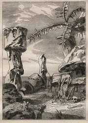 Drugi rejs (1772-1775) kapitana Jamesa Cooka (1728-1779): pomniki Wyspy Wielkanocnej (pomniki, moai) - ilustracja zaczerpnięta z „Wielkich żeglarzy XVIII wieku””