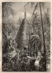 Drugi rejs (1772-1775) kapitana Jamesa Cooka (1728-1779): tradycyjny okrągły dom, na dachu znacznej wysokości (Nowa Kaledonia) - ilustracja zaczerpnięta z „Wielkich żeglarzy XVIII wieku””