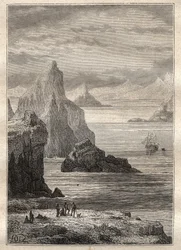 Drugi rejs (1772-1775) kapitana Jamesa Cooka (1728-1779): widok na kanał Noel, Terre de Fuego - ilustracja zaczerpnięta z „Wielkich marynarzy XVIII wieku””
