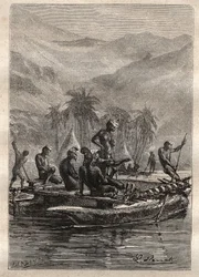Druga wyprawa (1772-1775) kapitana Jamesa Cooka (1728-1779): tubylcy mieli wystarczającą pewność siebie, aby zbliżyć się i wymienić (Nowa Kaledonia) - ilustracja zaczerpnięta z „Wielkich marynarzy XVIII wieku”