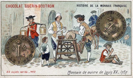 Seria Historia waluty francuskiej wydana przez Chocolat Guérin Boutron. XIX-wieczna chromolitografia. Miedziana Moneta Ludwika XV w 1757 r.