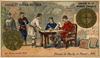 Seria Historia waluty francuskiej wydana przez Chocolat Guérin Boutron. XIX-wieczna chromolitografia. Moneta Karola Łysego z 840