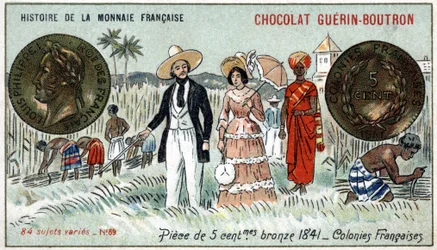 Seria Historia waluty francuskiej wydana przez Chocolat Guérin Boutron. XIX-wieczna chromolitografia. 5-centowa brązowa moneta z 1841 r. Kolonie francuskie