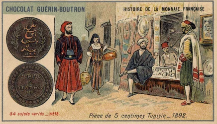 Seria Historia waluty francuskiej wydana przez Chocolat Guérin Boutron. XIX-wieczna chromolitografia. Moneta 5 centów w Tunezji w 1892 r.