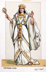 Seria chromolitografii kostiumów operowych z okazji pierwszego przedstawienia Aidy Giuseppe Verdiego: pretresy Izydy. 1872