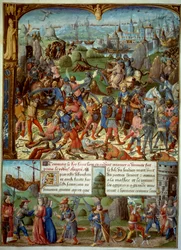 Siódma Krucjata (1248-1254). Na szczycie, Ludwik IX (Saint Louis) (1215-1270), król Francji, z przeprawami po pokonaniu przez Saracenów pod Mansourah w 1250. Wycofali się za wieże Damaszku. Ludwik IX i jego dwaj bracia zostają pojmani
