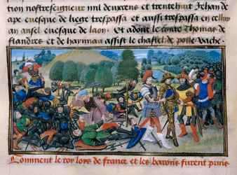 Siódma Krucjata: Król Ludwik IX (Saint Louis) (1214-70) zostaje schwytany podczas bitwy pod Mansourah w 1250 w Egipcie, „Chronique abregee” Davida Auberta 1250 Paryż