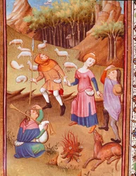 Pasterze odpoczywający przy ognisku Miniatura zaczerpnięta z „Godzin Edwarda I (Duarte) Portugalii (1391-1438)” XV-wieczna Lizbona, Torre do Tombo