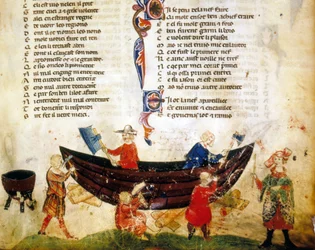 Budowa i uszczelnianie statków w XIII wieku. Miniatura z „Roman de Troie” Benoîta de Sainte-Maure. XIV wiek, Biblioteca Marciana, Wenecja
