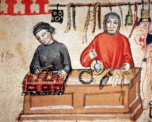 Sklep z wyrobami rzemieślniczymi. Rękopis z XIV wieku. Biblioteca Nazionale di Firenze
