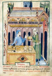 Sklep z chlebem maślanym i dwiema kobietami, ilustracja z Tacuinum sanitatis, iluminowany rękopis, łacińska reedycja dzieła arabskiego z XI w.